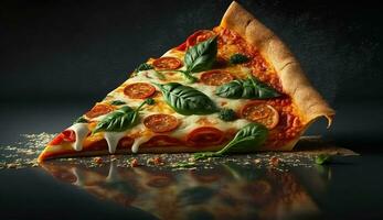 varm gott pizza med brand lågor på mörk bakgrund. bild för meny eller affisch. ai generativ foto