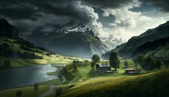 realistisk skön landskap scen med molnig väder. generativ ai foto