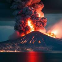 vulkan utbrott med massiv hög skurar av lava och varm moln stigande hög in i de himmel, pyroklastisk strömma foto