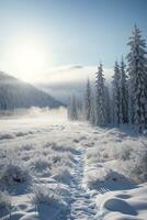 skön kall morgon- vinter- snö bakgrund med träd skog och berg i de bakgrund, försiktigt snö se mot de blå himmel, fri Plats för din dekoration foto