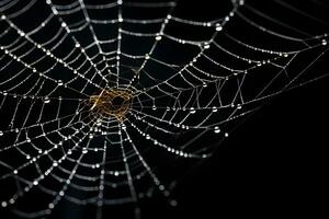 Spindel webb med mörk bakgrund, spindelnät med vatten droppar, ai genererad foto