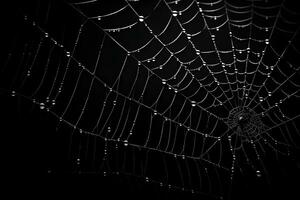 spindelnät med mörk bakgrund, spindelnät med vatten droppar, ai genererad foto