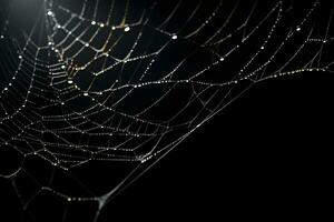 spindelnät täcka över mörk bakgrund, daggig spindelnät, ai genererad foto