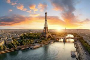 antenn se av de eiffel torn på solnedgång, paris, Frankrike, antenn panorama- se av paris med eiffel torn på solnedgång, Frankrike, ai genererad foto
