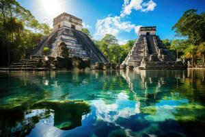 gammal mayan ruiner i chichen itza, yucatan, Mexiko, en stor gammal mayan tempel komplex med stigande, ai genererad foto