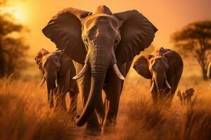 elefanter i chobe nationell parkera, botswana, afrika, en besättning av elefanter gående tvärs över en torr gräs fält på solnedgång med de Sol i de bakgrund, ai genererad foto