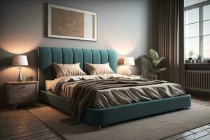 modern sovrum interiör design med grå väggar, trä- golv, bekväm kung storlek säng med två kuddar. ai generativ foto