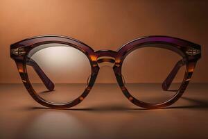 eleganta glasögon på trä- tabell. modern glasögon. ai generativ foto
