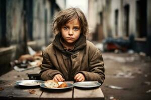 hungrig svältande fattig liten barn ser på de kamera foto