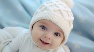 Lycklig leende bebis lögner på de säng skapas med generativ al teknologi. foto