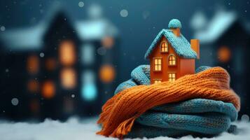 hus med stickat scarf, symbol för uppvärmning systemet eller kall snöig vinter. uppvärmning säsong, värma upp, skydda begrepp skapas med generativ al teknologi foto