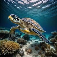 sköldpadda simning under vattnet ai genererad foto