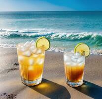 kall dryck i galss kopp med strand hav bakgrund, ai generativ foto
