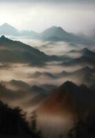 natur fågel se av landskap berg dimmig rök moln, ai generativ foto