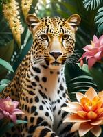 fotografi porträtt av leopard i frodig djungel med blommor, generativ ai foto