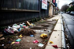 realistisk Foto av skräp sopor spridning på de gata, ai generativ