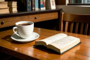 realistisk Foto av en kaffe kopp och bok på trä tabell i en kaffe affär med mysigt atmosfär