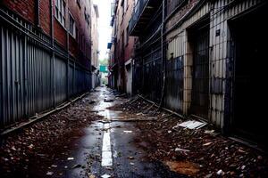 realistisk Foto av övergiven gränd med skräp skräp på de gata, ai generativ