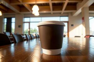 realistisk Foto av en stänga kopp papper kaffe kopp på trä tabell i en kaffe affär med mysigt atmosfär
