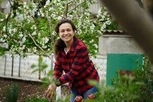 mogna kvinna trädgårdsmästare söt leende arbetssätt i vegetabiliska trädgård på vår dag. hobby, fritid aktivitet, Land hus foto