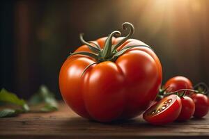 färsk tomatoe på en trä- bakgrund. ai generativ foto