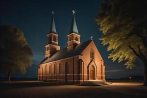 kyrka på natt med träd i de bakgrund. generativ ai foto