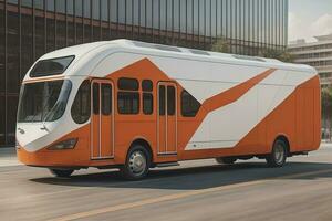 ett orange buss på de väg i de stad. generativ ai foto