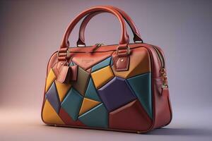läder kvinnors handväska på en fast Färg bakgrund. ai generativ foto