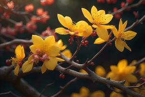 körsbär blomma sakura blomma på blå himmel bakgrund, ai generativ foto