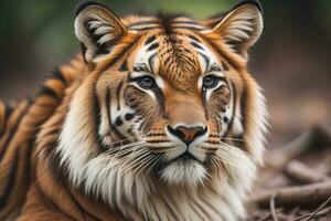 porträtt av en tiger på en fast Färg bakgrund. närbild. ai generativ foto