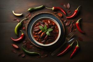 chili lura carne i skål på trä- tabell. topp se. generativ ai foto