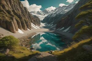 fantasi landskap med sjö och berg. generativ ai foto