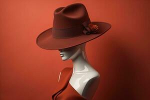 kvinna mannekäng bär hatt och täcka på röd bakgrund. studio skott. generativ ai foto
