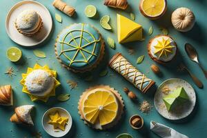platt lägga sammansättning med utsökt citron- kakor på Färg bakgrund, topp se. generativ ai foto