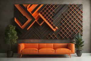modern levande rum interiör med orange soffa, växt och geometrisk mönster. generativ ai foto