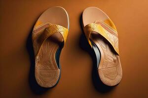 par av orange sandaler på en brun bakgrund, topp se. generativ ai foto