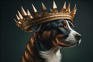 porträtt av en hund i en krona på en mörk bakgrund. generativ ai foto