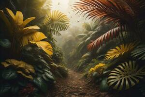 tropisk djungel väg med handflatan träd och blommor, generativ ai foto