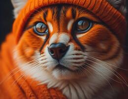 porträtt av en skön katt i en värma orange hatt och scarf. generativ ai foto