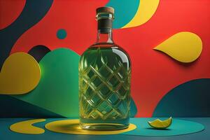 en flaska av tequila på de färgrik bakgrund. generativ ai foto