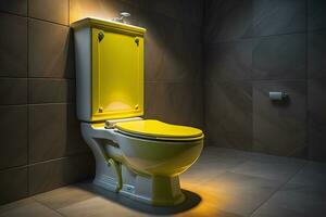 en gul toalett i en modern badrum med kakel. generativ ai foto
