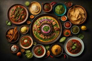indisk mat topp se på en mörk bakgrund med nachos. generativ ai foto