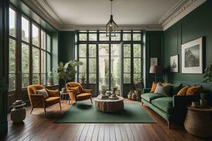 interiör av modern levande rum med grön väggar, trä- golv, grön soffa och runda kaffe tabell. ai generativ foto