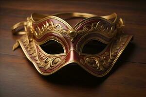 venetian karneval mask med gyllene prydnad på en fast Färg bakgrund. ai generativ foto
