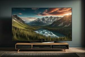 TV på de trä- skåp i modern levande rum. ai generativ foto