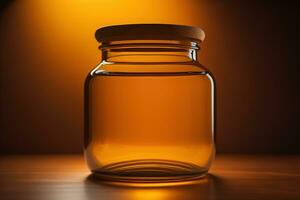 burk av honung med fast Färg bakgrund. ai generativ foto