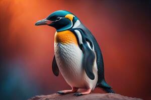 söt pingvin stående i främre av fast Färg bakgrund. ai generativ foto