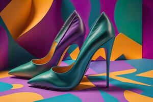 hög häl kvinnor skor på en fast Färg bakgrund. ai generativ foto