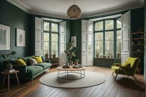 interiör av modern levande rum med grön väggar, trä- golv, grön soffa och runda kaffe tabell. ai generativ foto