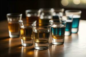 glasögon av whisky på en trä- tabell i en pub eller restaurang. ai generativ foto